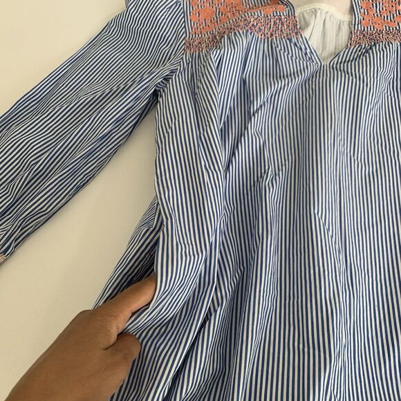 J CREW Leda Dress S Blue Stripe Embroidered Ruffle Hem Boho Cottagecore Peasant - Picture 13 of 15